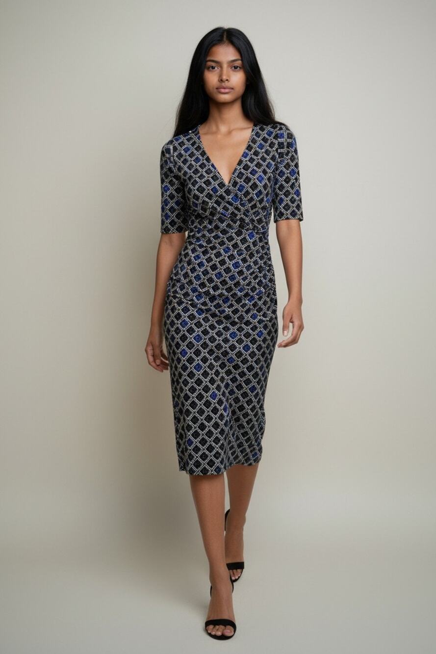 Dress blue black geometric print faux-wrap midi 4 Ralph Lauren V-neck stretch S